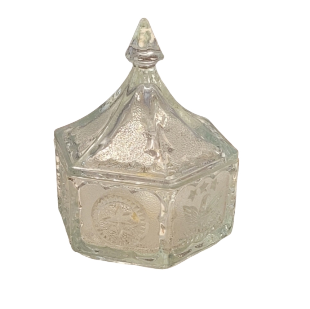 Vintage Tiara Glass Colonial Star Lidded  Clear Hexagon Shaped with Eagles Stars
